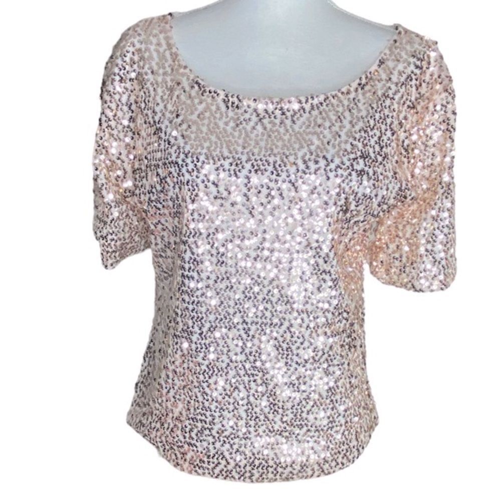 Shi Long Fashion Wm Sz XXL Rose Gold Lined Sequin Bateau Neck Boxy Lined Blouse